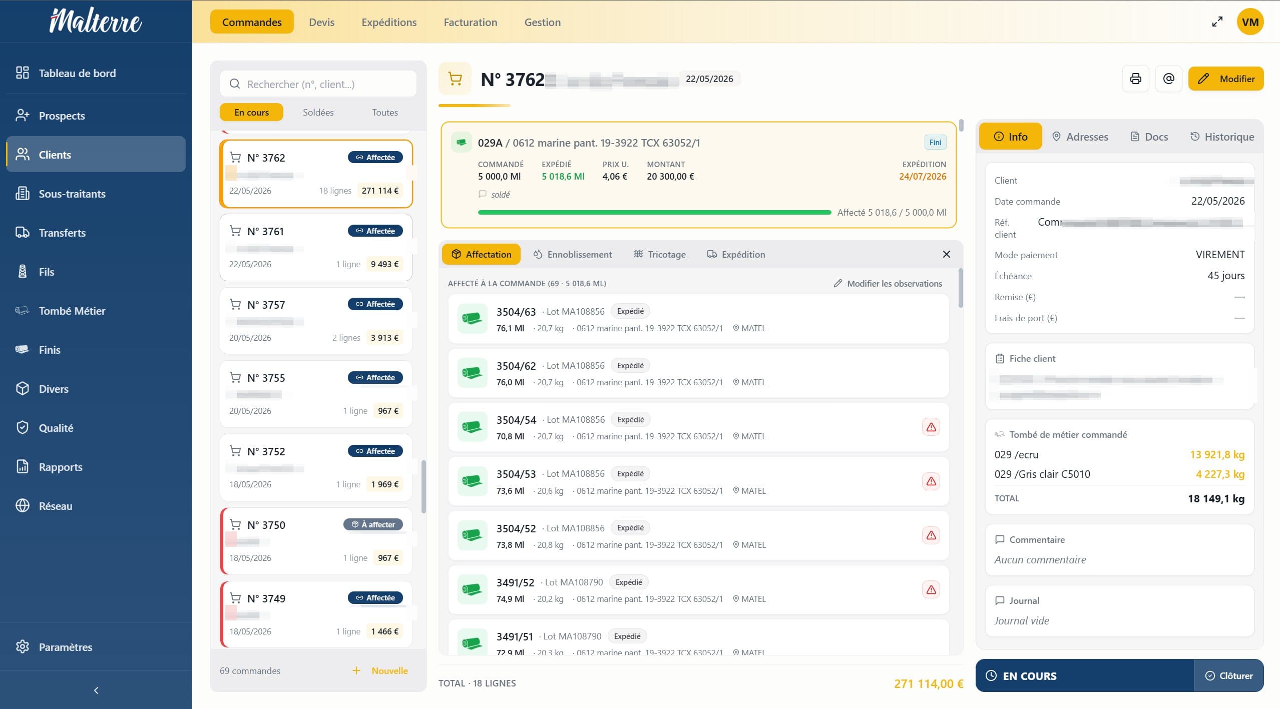 Interface de l'ERP développé pour ETS Malterre : commandes, affectation, tricotage, expédition